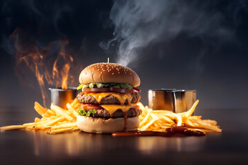 The fresh and delicious cheesy double hamburger with fries on a table in the restaurant. Fire in...