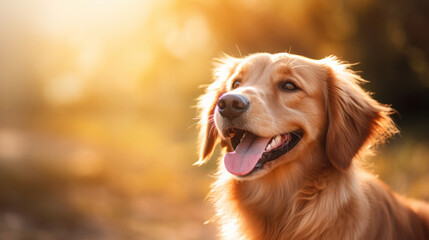 Joyful Dog's Golden Retriever Studio Smiles: Perfect Images for Pet-Related Ads and Animal Love Designs - obrazy, fototapety, plakaty