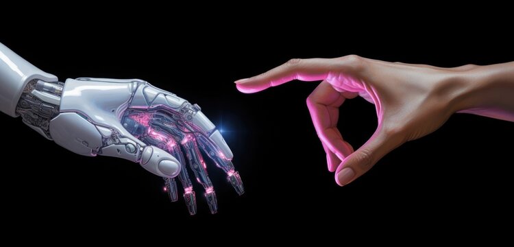 A human hand reaching towards a robotic hand. Generative AI.