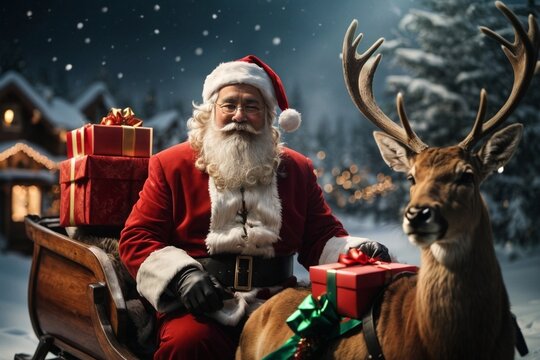 Santa Claus with reindeer on sleigh Christmas background