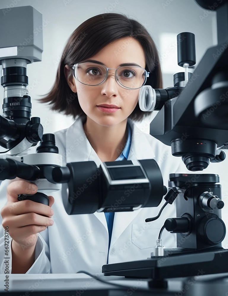 Wall mural scientist wooman working on a medical research with the microscope on a lab. international day of wo