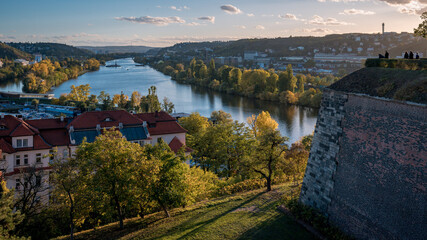 Beautiful autumn day full of sun from Prague's Vyšehrad. View of the Vltava river.