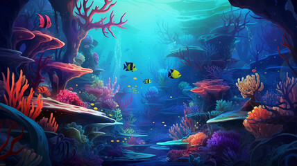 underwater world. coral reef with a fish in the ocean