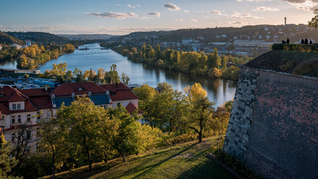 Beautiful autumn day full of sun from Prague's Vy&scaron;ehrad. View of the Vltava river.