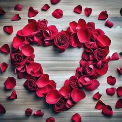 heart made of red roses and petals. romantic card for Valentine's Day.