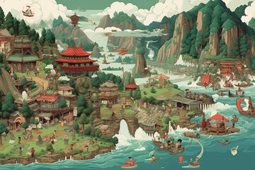 Illustration featuring various tourist destinations in the Kanto region. Generative AI - obrazy, fototapety, plakaty
