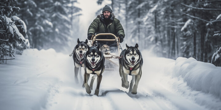 Man musher behind sleigh at sled dog race on snow in winter