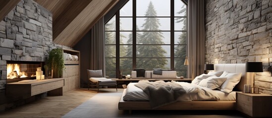 Fototapeta na wymiar Luxurious Scandinavian bedroom with stone and wood