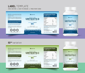 Vitamin label sticker design and natural food supplement banner packaging,
bottle jar label, medicine health nutrition tablet product box print template. - obrazy, fototapety, plakaty