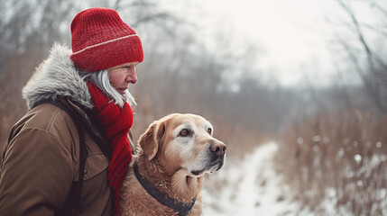 Elderly woman wearing a red Christmas hat, walking her golden retriever dog, outside on a snowy winter day. Copy space.
