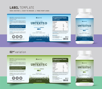 Vitamin label sticker design and natural food supplement banner packaging,
bottle jar label, medicine health nutrition tablet product box print template.