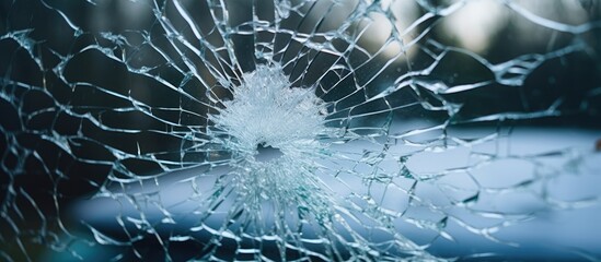 Closeup of shattered glass windshield of a broken car Car accident causing damage to the front window - obrazy, fototapety, plakaty