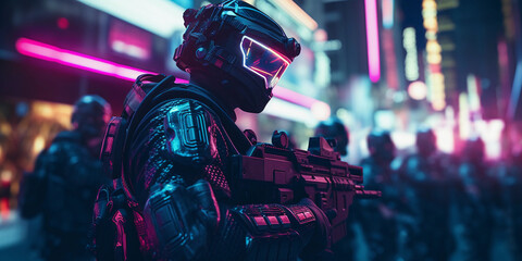 Futuristic conflict, abstract pixelated soldiers with laser guns, 8 - bit retro style meets cyberpunk, heavy use of neon and dark backgrounds - obrazy, fototapety, plakaty