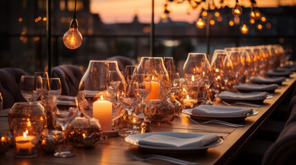 Fototapeta na wymiar Elegant Wedding Table: A Terrace Bathed in Warmth and Light. Generative AI