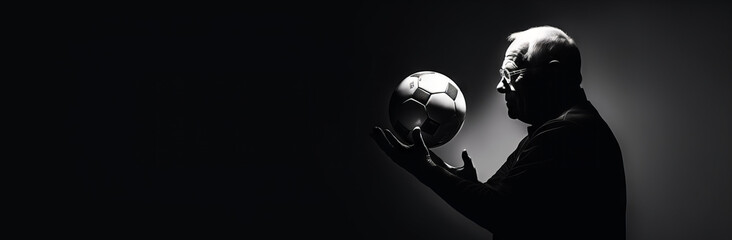 Old football player in suit on black background with ball. Copy space.