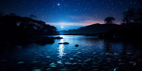 River in silhouette, moonlit water, iridescent fish patterns, starry sky, whimsical atmosphere