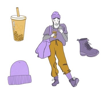 Illustration of a girl drinking bubble tea at the bus stop