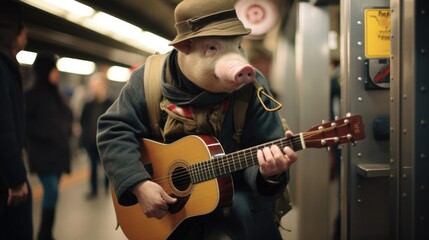 A pig in a hat playing a guitar on a subway station. Generative AI.