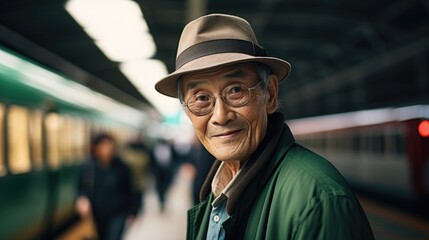 An elderly man wearing a hat and glasses standing in front of a train. Generative AI.