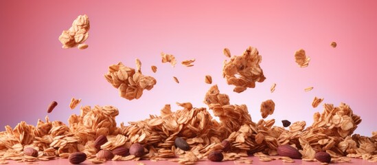 High resolution image of granola flakes floating in zero gravity on a pink backdrop