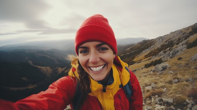 A young woman taking a selfie in the mountains. Generative AI.