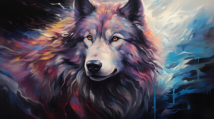 Naklejka premium Wolf, long ethereal hair, impressionistic brush strokes, amidst an abstract interpretation of the northern lights, captivating eyes