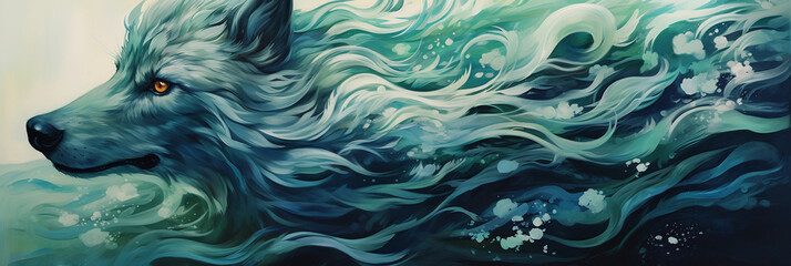 Wolf, long voluminous hair mimicking ocean waves, abstract underwater setting, marine flora and fauna, shades of blue and green