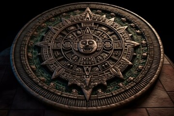 Detailed aztec mayan calendar with round pattern and relief on stone surface. Generative AI - obrazy, fototapety, plakaty