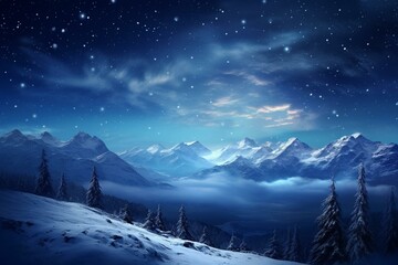 A breathtaking winter night featuring a snowy landscape, majestic mountains, a starry sky, and a peaceful valley. Generative AI