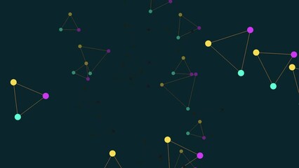 The image illustrates a network of triangles and dots where triangles denote nodes and dots denote connections. Dots are adorned with varying shades of green, blue, and purple - Powered by Adobe
