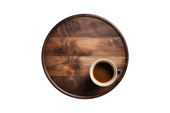 Topview of a round coffee table with a cup of coffee with empty space on table, isolated on a transparent and white background