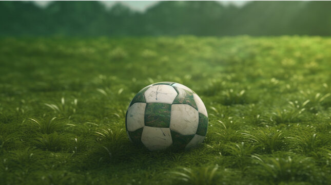 Soccer ball on green grass background. 3d render illustration.