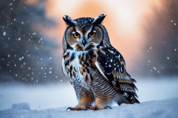 Snowy owl cub sitting on the snow in the habitat. Cold winter with wild bird. Wildlife scene from nature. Owl on the white meadow, animal behavior. Twilight evening owl sunset