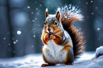 Cute red squirrel baby cub sitting in the white snow covered with snowflakes. Beautiful red squirrel in winter.