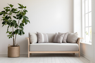 Stylish and scandinavian living room interior of modern apartment with gray sofa and plant	
 - obrazy, fototapety, plakaty