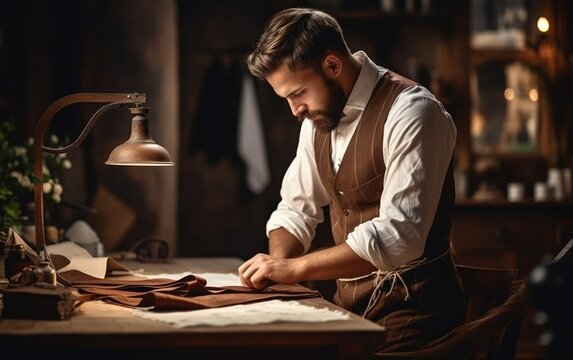A cute tailor male with beard and glasses working near wooden table in an  amazing atelier with antique furniture