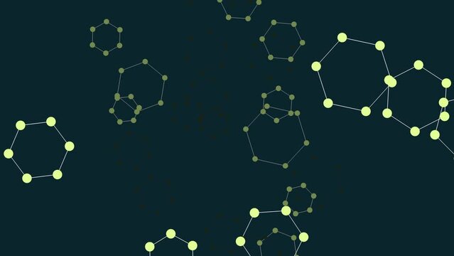 A network of green dots connected by lines, forming a circular pattern on a dark background. Symbolizes a connected and interdependent system