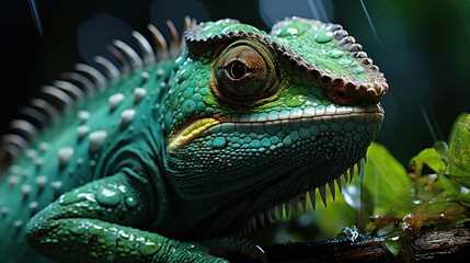 Obraz premium Vibrant Camouflage: Close-Up of a Green Chameleon. Generative AI