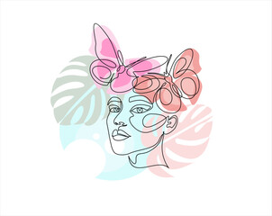 Beautiful woman face with butterfly . Abstract composition hand draw continuous line. Hand-drawn vector line-art illustration. One Line style drawing.