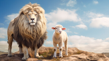 Christian parable of the lion and the lamb - obrazy, fototapety, plakaty