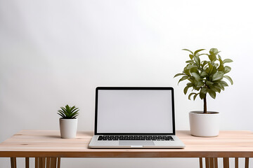 Workplace - laptop with mock up on screen. Wooden table and green plants. Background white wall