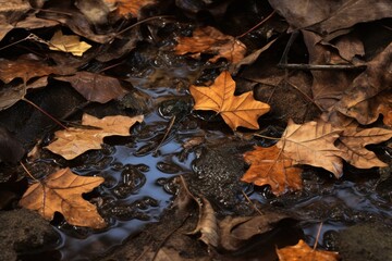Wet forest floor, layered with fallen leaves.