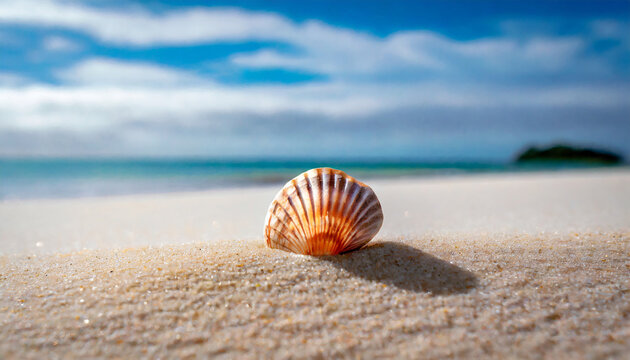 a minimalist image of a seashell on a pristine sandy beach