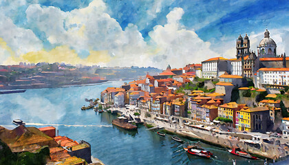 illustration of beautiful view of the city of porto portugal - obrazy, fototapety, plakaty