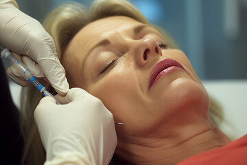 Beautiful young woman getting botox injection in her face. Cosmetology
