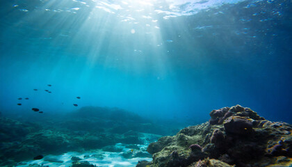Fototapeta na wymiar underwater sea deep water abyss with blue sun light