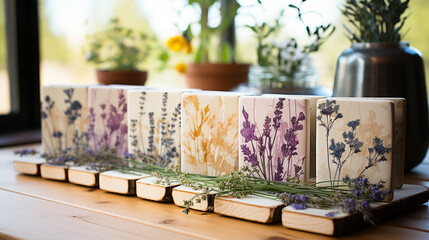 Naklejka na ściany i meble Decoupage botanical coasters: Wooden coasters enhanced with botanical decoupage patterns, adding elegance to your table