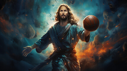 modern Jesus dribbling glowing basketball