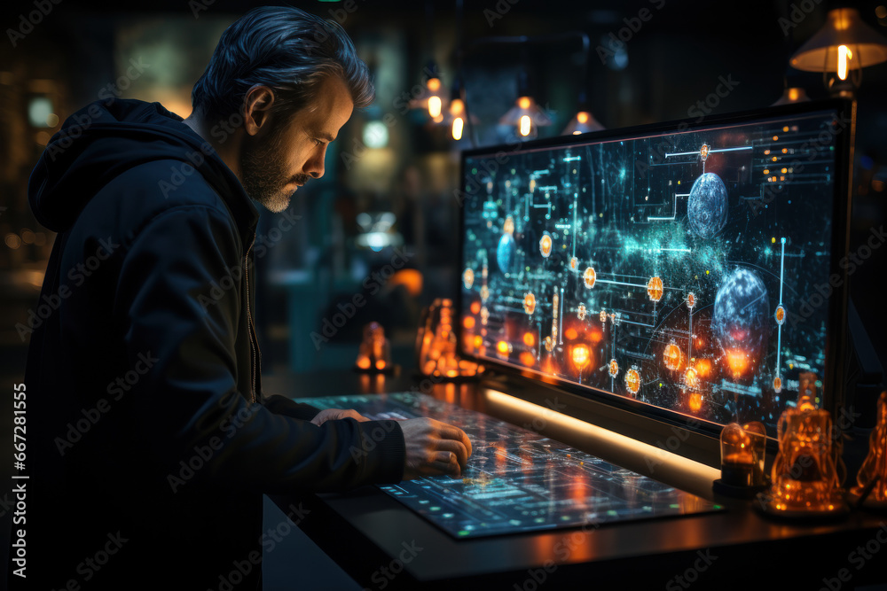 Poster a nuclear physicist analyzing data on a computer screen, emphasizing the role of technology in atomi