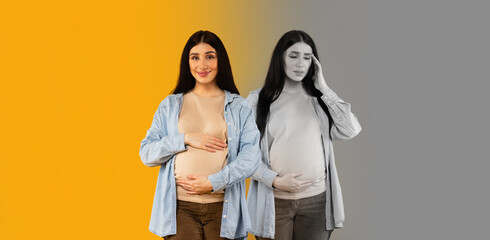 Happy and sad millennial arab pregnant lady suffer from depression, headache touch big belly